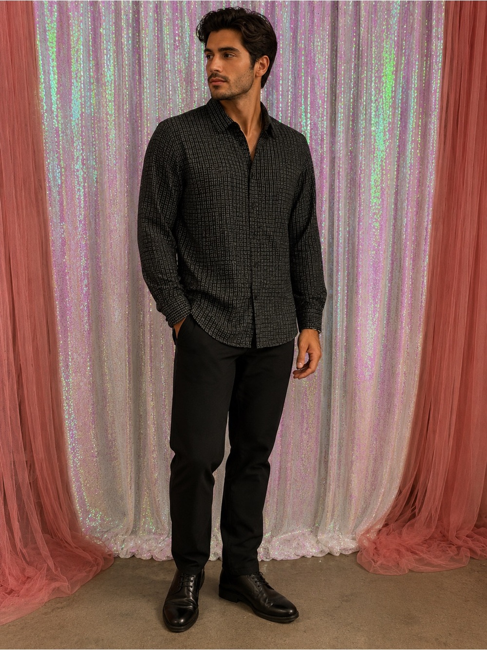Men's Black Textured Long-Sleeve Button-Down Shirt by LE31